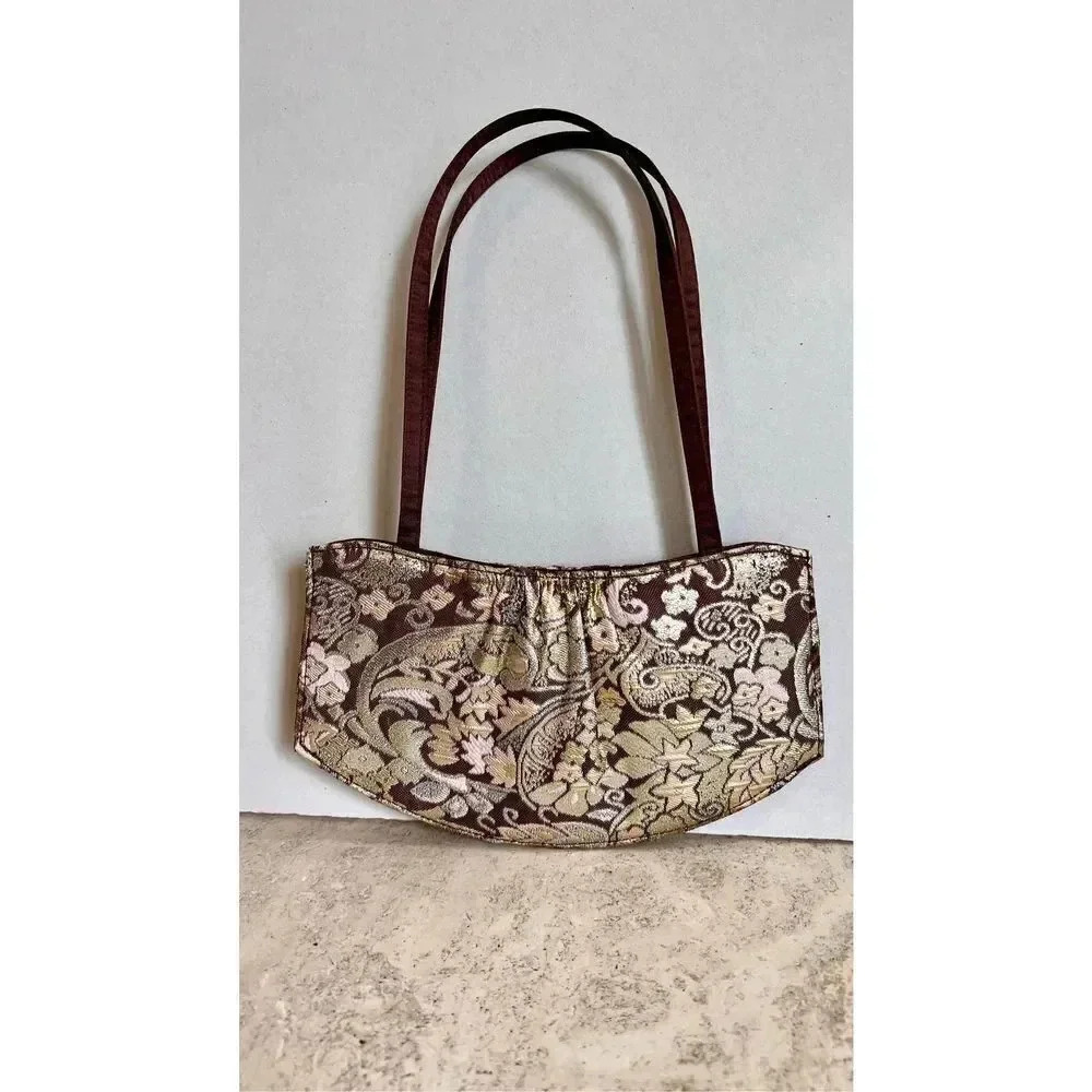 Victoria's Secret Womens Brown Gold Metallic Floral Tapestry Pouch Purse Bag